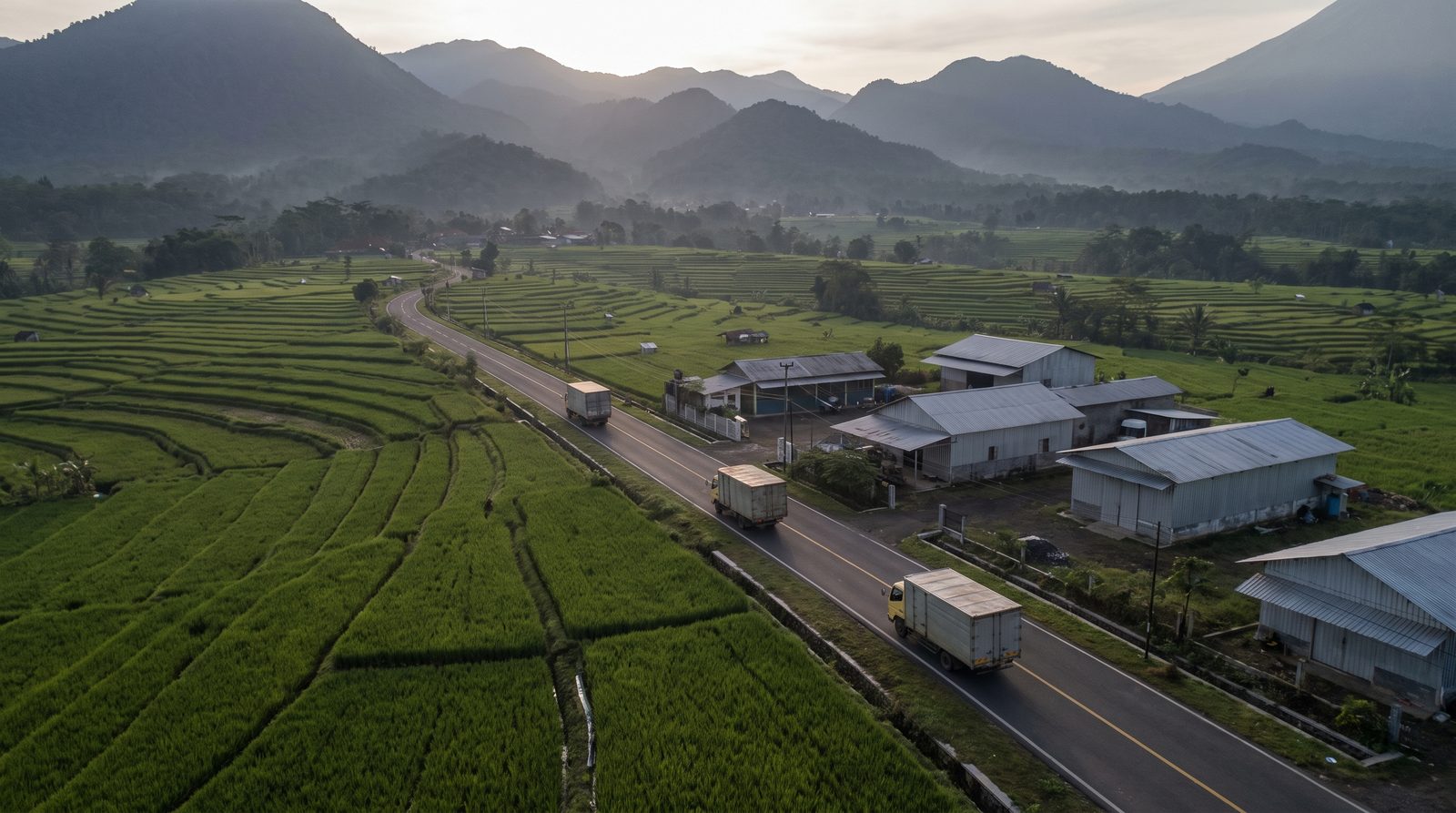 Pandangan udara jalan utama di antara lahan pertanian dan kawasan industri