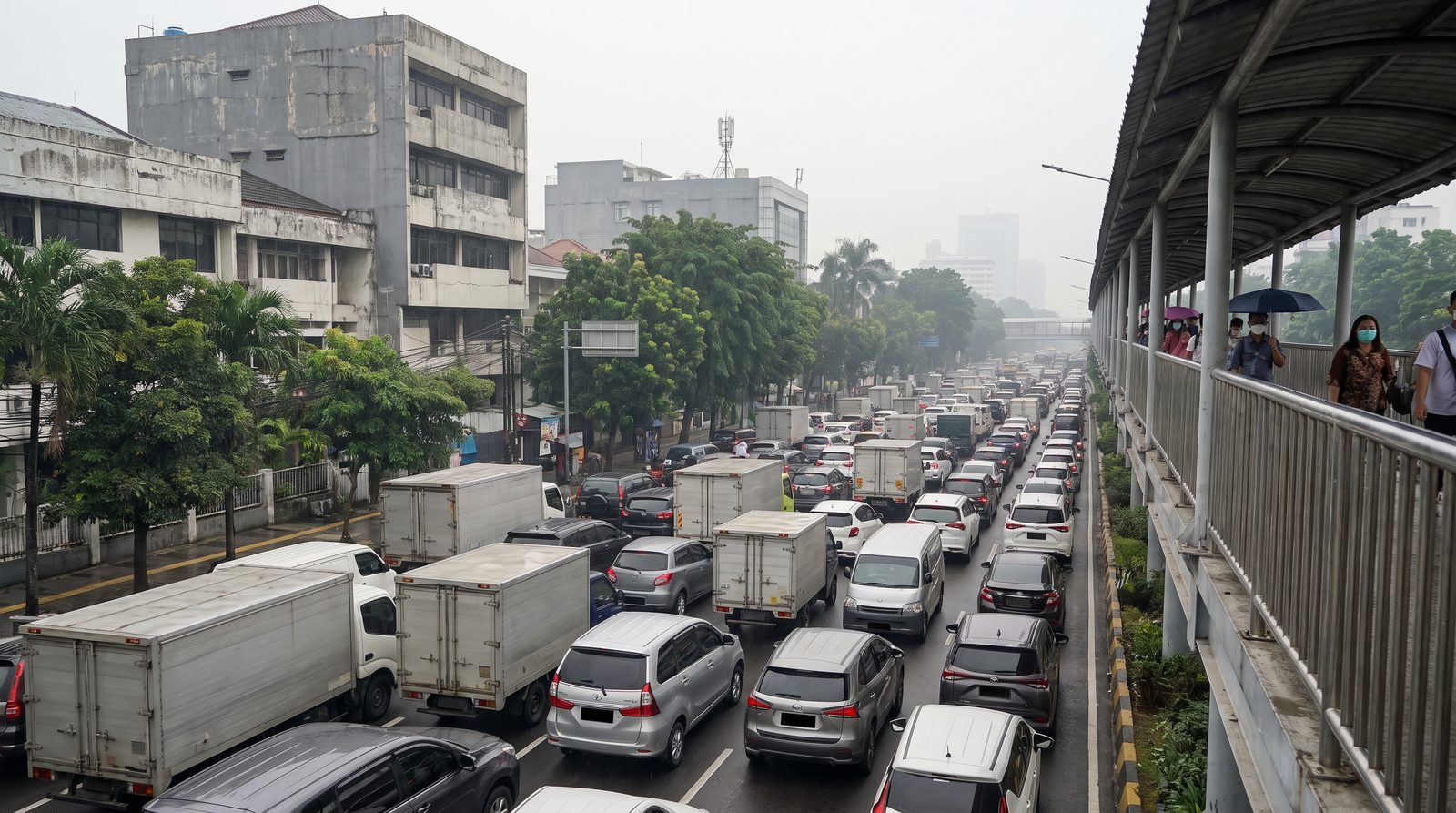 Lalu lintas pagi di jalan arteri Jakarta dengan truk box dan kendaraan niaga