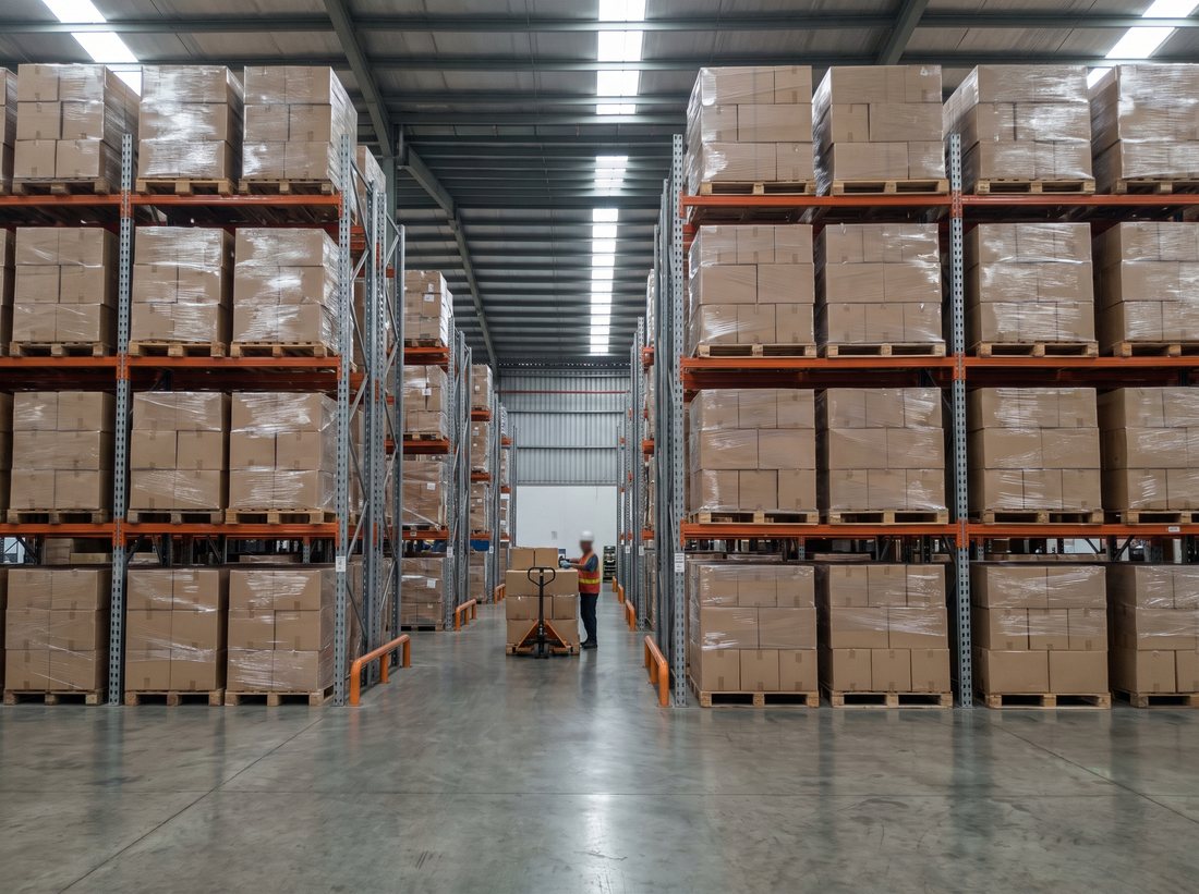 Gudang FMCG dengan palet karton bertingkat
