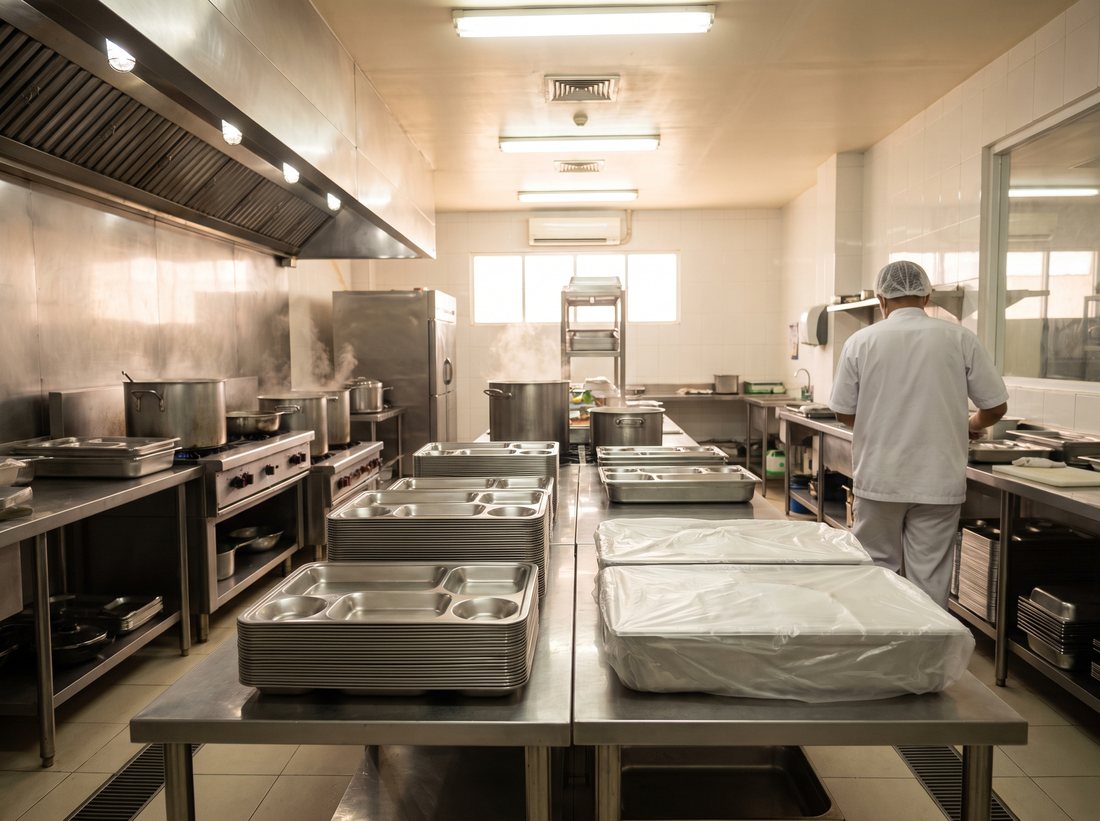 Dapur katering komersial saat persiapan