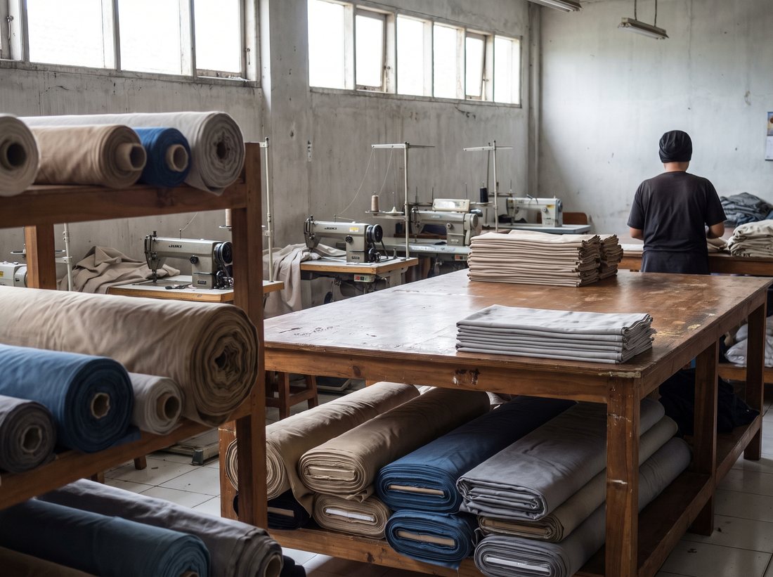Gulungan kain dan meja potong di workshop tekstil