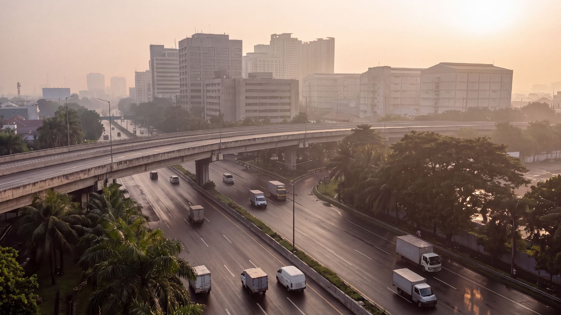 Jalan tol Jakarta pada pagi hari dengan truk box dan kendaraan niaga